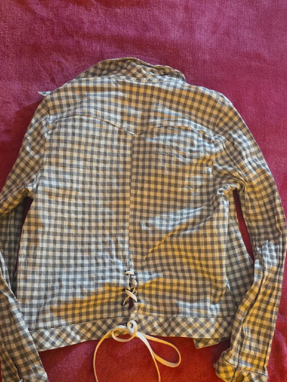 Kids Gingham Button-Front Jacket with Ruffle Yoke - Blue & Cream - Picture 2 of 3